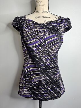 Y2k Worthington Cowl Neck Beaded Cap Sleeve Blouse Purple Abstract Print L